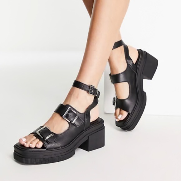 ASOS DESIGN Heston chunky mid heel sandals in black 9W - Picture 1 of 8